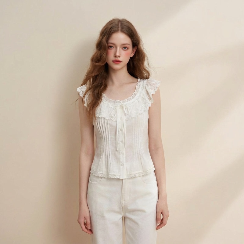 26 Spring/Summer French Sweet Style Lace Trim Pure Desire Small Flutter Sleeve Shirt for Women Sleeveless Ruffle Slimming Top