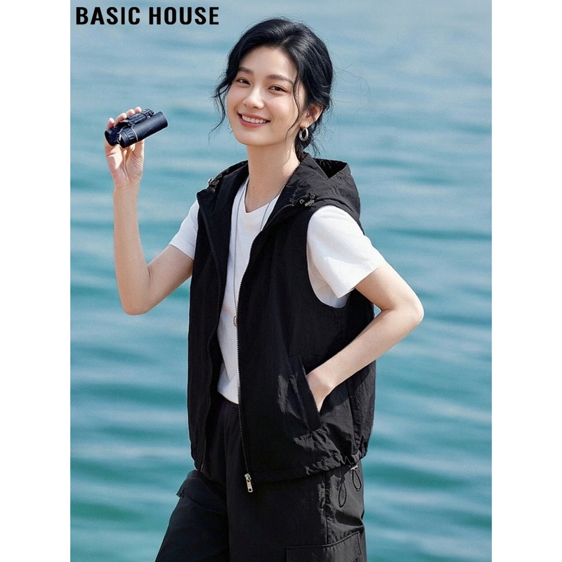 Basic House/Baijiahao Black Hooded Vest Jacket, Loose Sleeveless Top for Women, Autumn and Winter 2026 Basic House/Baijiahao Black Hooded Vest Jacket, Loose Sleeveless Top for Women, Autumn and Winter 2026
