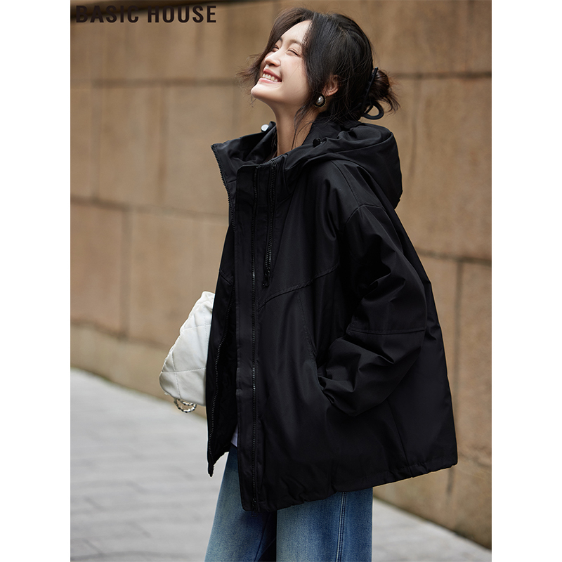 Basic House/Baijiahao Black Hooded Jacket Loose Sports Cardigan Jacket Top for Women 2026 Spring