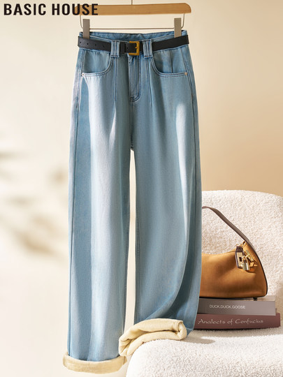 Basic House/Baijiahao Retro-Hellblau plus Samt, schmale Version, hohe Taille, schlanke Jeans mit weitem Bein für Damen im Herbst und Winter