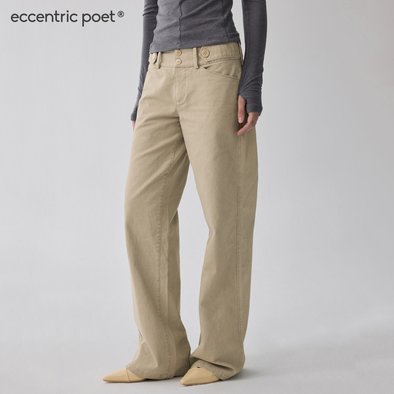 Eccentric Poet Pre-Washed Vintage Khaki Loose Straight Mid-Low Waist Casual Trousers
