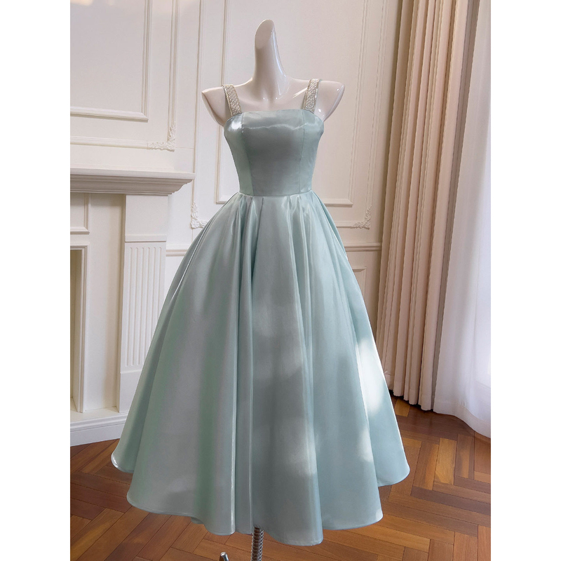 Blue Satin Dress, High-End Luxury Niche Style, Strapless Hostess Dress for Female Students, Coming-Of-Age Ceremony, Birthday Dinner Gown