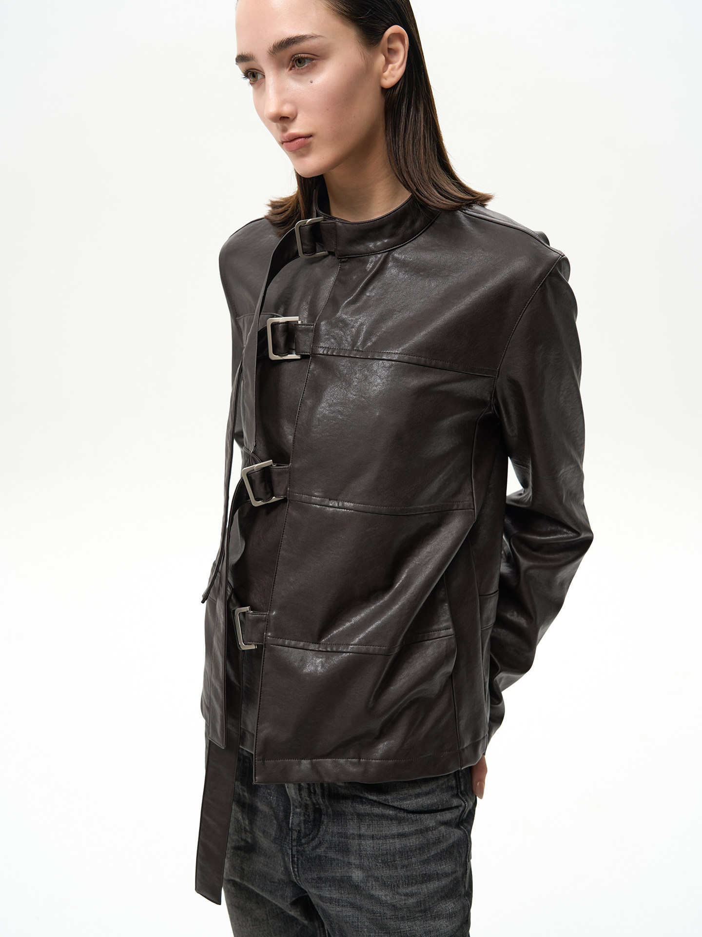 Slight Vogue Asymmetric Cropped PU Jacket