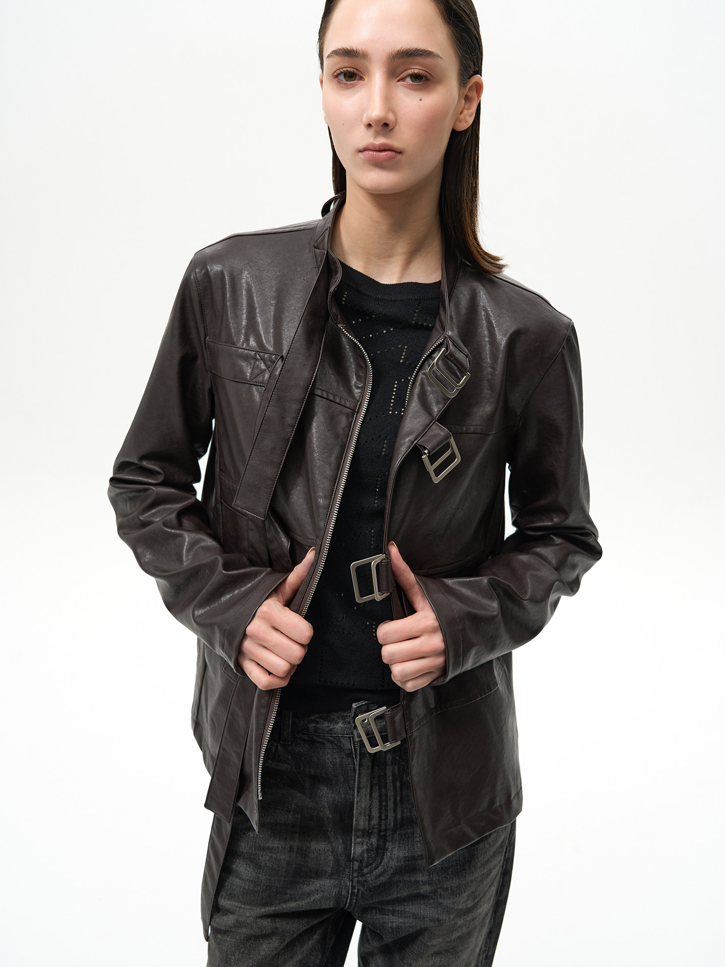 Slight Vogue Asymmetric Cropped PU Jacket