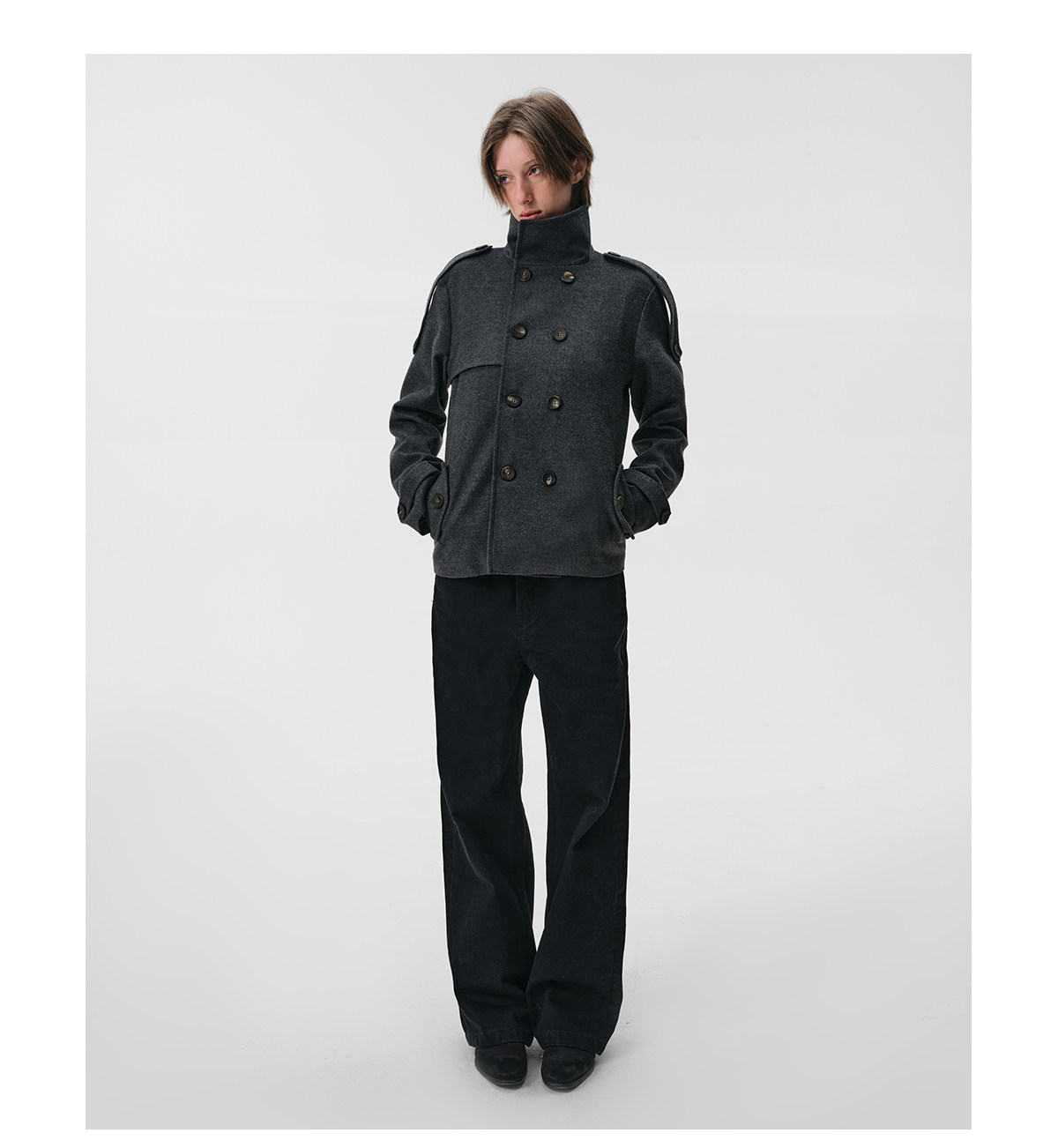 Slight Vogue Grey Stand-Collar Double-Breasted Coat