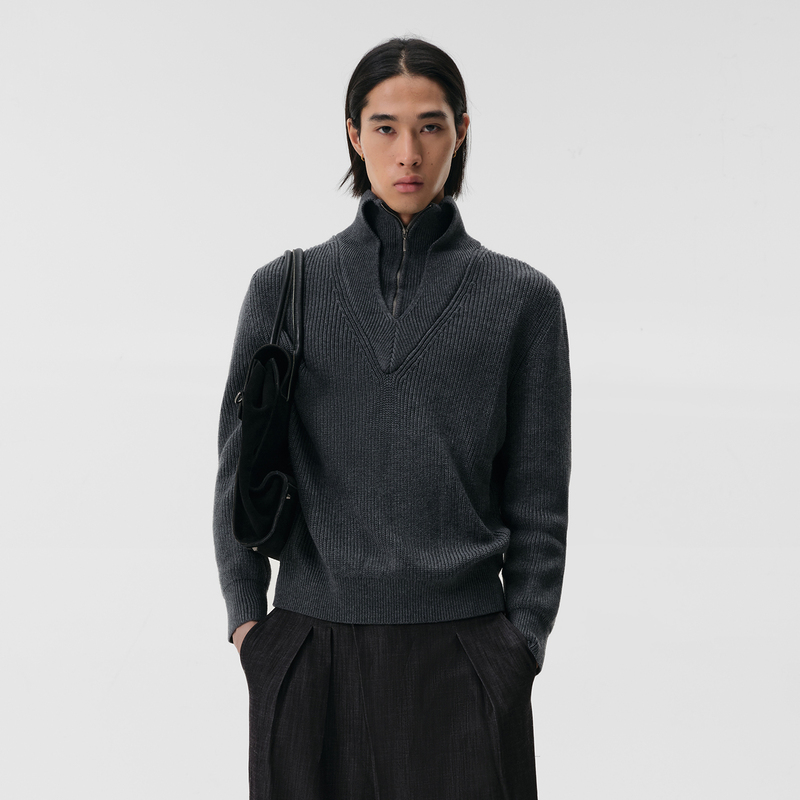 Slight Vogue｜Wool Gray One-Piece Tailored Double-Layer Turtleneck Half-Zip Sweater