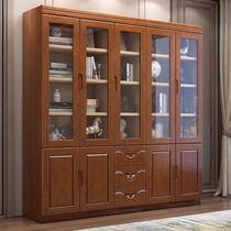 Solid wood oak bookcase with glass door triple door Easy Chinese bookcase storage student bookcase office filing cabinet