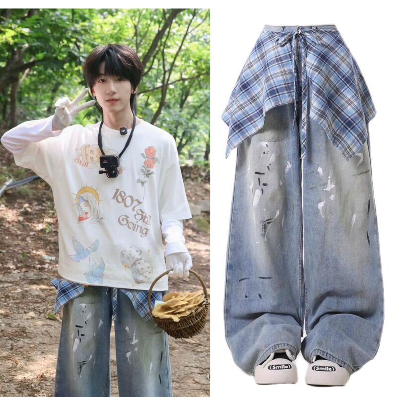 Tf Family 4Th Generation Yang Bowen's Same Style Splash-Ink Jeans, American Retro Street Creative Washed Butt-Flap Design Trend Tf Family 4Th Generation Yang Bowen's Same Style Splash-Ink Jeans, American Retro Street Creative Washed Butt-Flap Design Trend