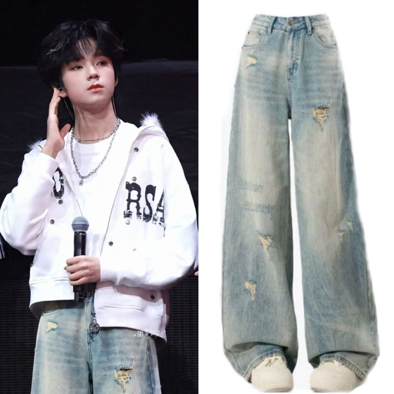 Tf Family 4Th Generation Wang Lujie Same Style American Retro Light-Colored Ripped Jeans for Women High-Waisted Straight Wide-Leg Pants Tf Family 4Th Generation Wang Lujie Same Style American Retro Light-Colored Ripped Jeans for Women High-Waisted Straight Wide-Leg Pants