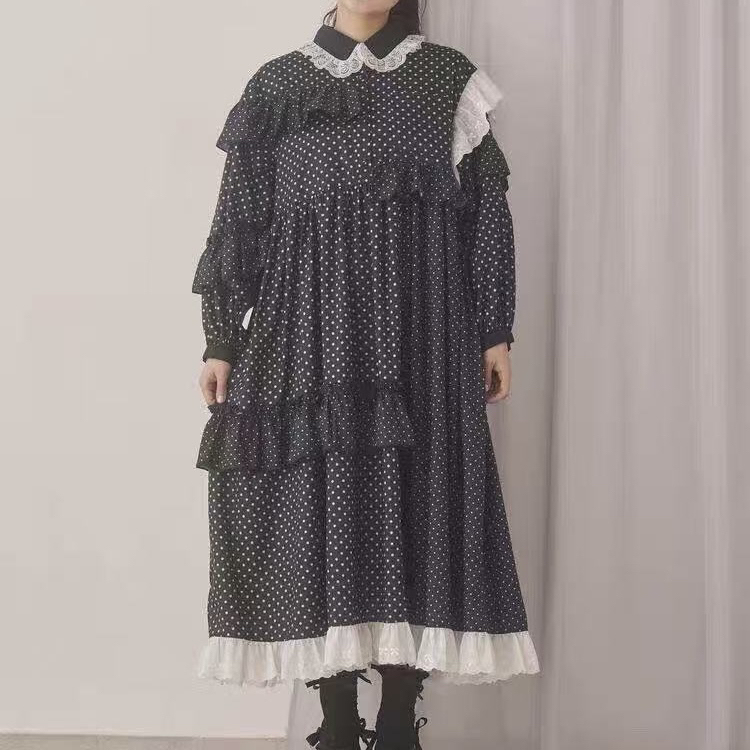 Japanese Style Single-Breasted Long-Sleeve Dress with Ruffled Polka Dot Lace Trim, Bust Size 118, Length 120 Japanese Style Single-Breasted Long-Sleeve Dress with Ruffled Polka Dot Lace Trim, Bust Size 118, Length 120