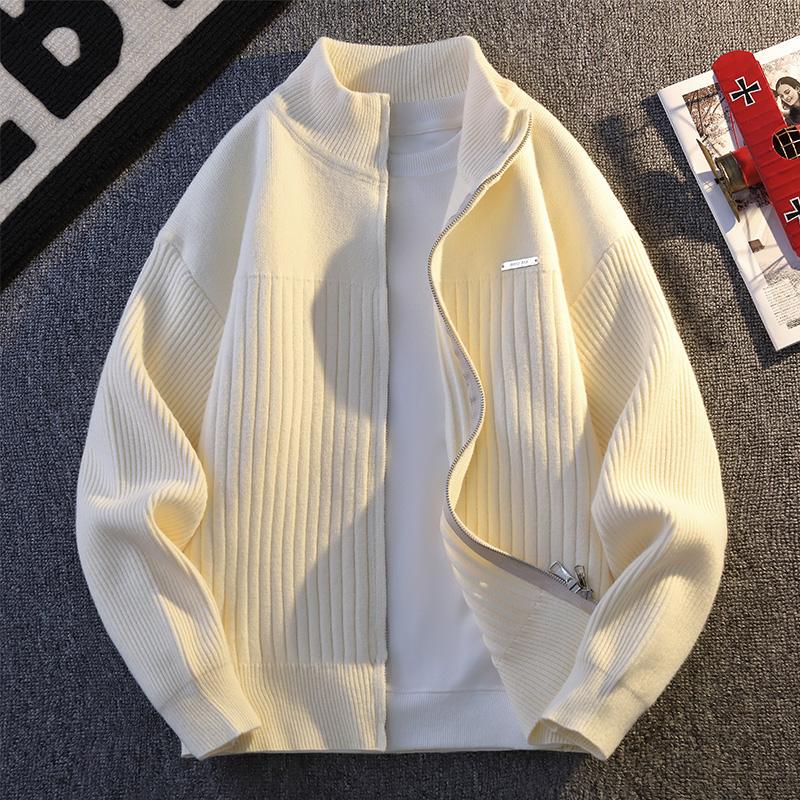 Solid Color Stand-Up Collar Cardigan Sweater for Men, Spring and Autumn Zipper Knitwear, Youth Student American Style Trendy Loose Jacket