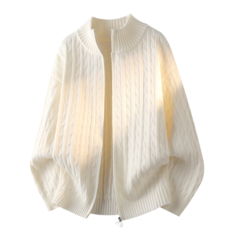 Casual Style Stand-Up Collar Zip-Up Knit Cardigan for Men, Spring and Autumn, Stylish and Casual Cable-Knit Sweater Jacket for Teenagers