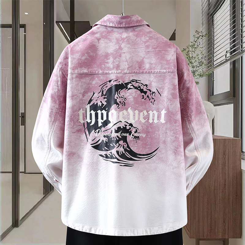 Gradient Denim Jacket for Boys in Spring and Autum for Teenagers and Students, Handsome Trendy Brand Printed Loose Lapel Jacket Top