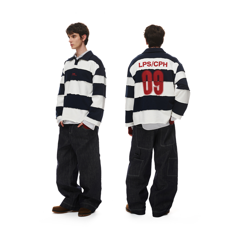 Loopsoon Two-Tone Patchwork Creative Polo Sweatshirt with Front and Back Prints, Loose Fit, Versatile, Unisex, Trendy