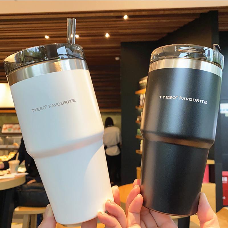 Large Capacity Ice Cup, 304 Stainless Steel Car-Mounted Thermos Cup with Straw, Simple Ins-Style Coffee and Milk Tea Cup