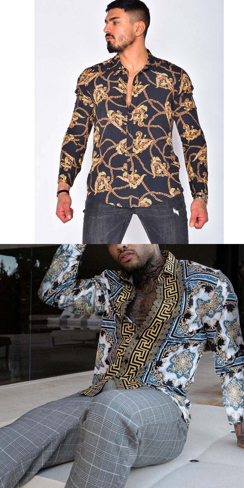 Джинсовая рубашка 2025men clothes新款男士衬衫欧美大码男士长袖衬衫休闲印花上衣