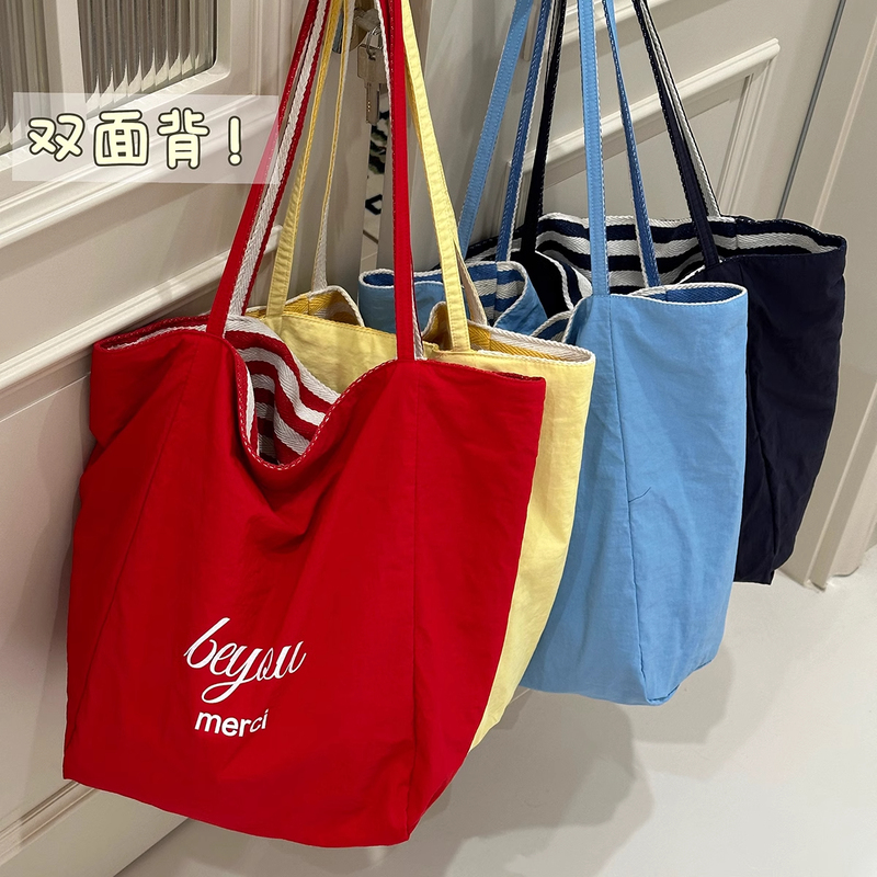 Women's Bag 2025 New Striped Double-Sided Canvas Bag Korean Lazy Style Tote Bag Red Large Capacity Shoulder Bag