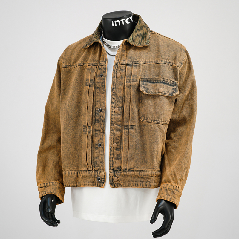 Intox/Original New American Retro Washed Denim Jacket with Badge Patchwork Collar, Jersey Spun Short Jacket Intox/Original New American Retro Washed Denim Jacket with Badge Patchwork Collar, Jersey Spun Short Jacket