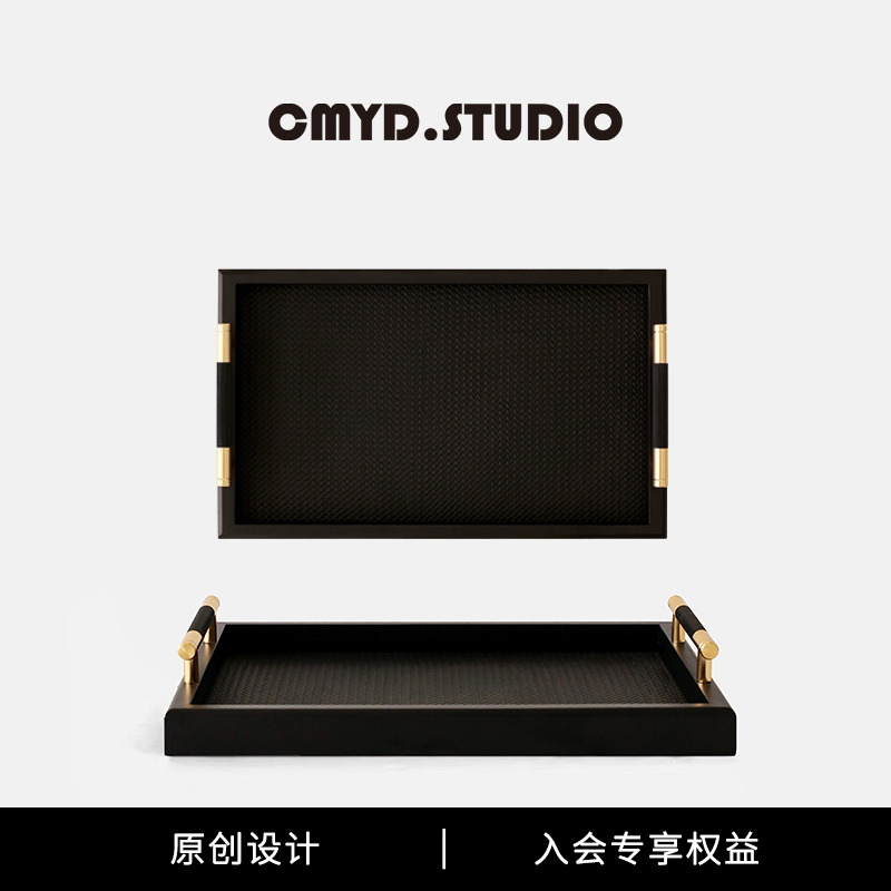 Cmyd Original Design Light Luxury Rectangular Black and Gold Handle Aromatherapy Tray Woven Leather Decoration Gift Ornament