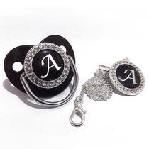 New Name Initials Baby Pacifier and Clip Luxury Black Bling