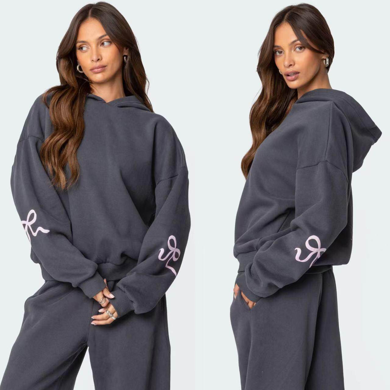 European and American niche hot girl autumn and spring versatile bow-detail hooded sweatshirt wide-leg sweatpants loose casual simple