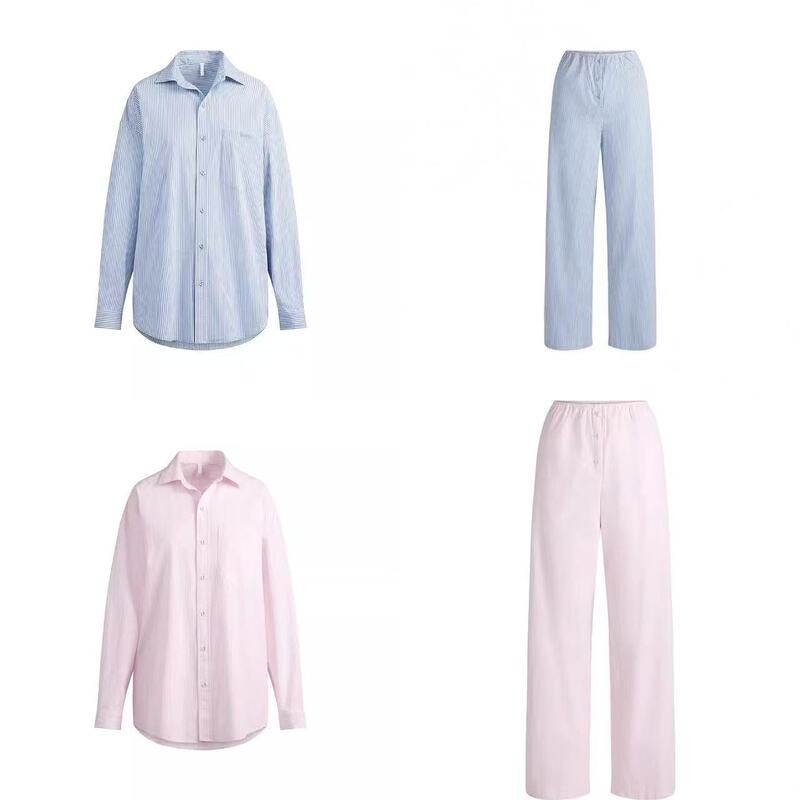 New Skims Pajamas for Women, Pure Cotton Striped Shirt, Long-Sleeved Pants, Home Wear Set, Casual Spring, Autumn and Summer