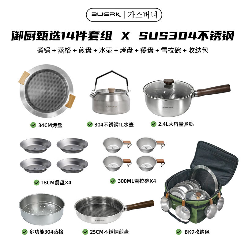 Bubik Outdoor Camping Cookware Set, Complete Set of Pots and Pans, Three-Layer Steel Grill Pan, Kettle, Sierra Bowl