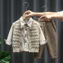 Clear Barn Baby Spring Clothing Suit 2024 New Boy Ocean Gas Horse Chia Knit Three Sets Small Children Spring Autumn Cardiovert