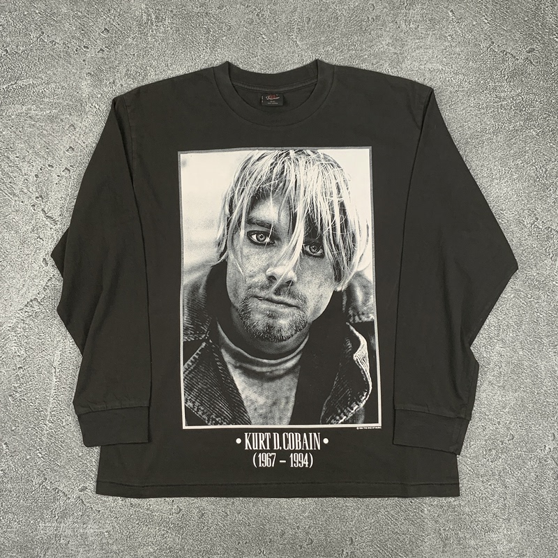 【Bu Yun Kui】Black Cobain Kurt High-Definition Original Artwork Hot-Fix Ink Screen Printing Brand Product Washable Long-Sleeve Shirt