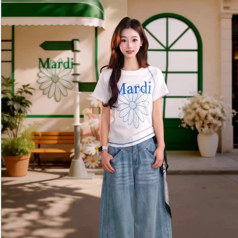 Mardi Korean-Style Small Daisy Short-Sleeve T-Shirt for Women 2026 Summer New Model Regular Shoulder Pure Cotton Printed Loose Versatile Top