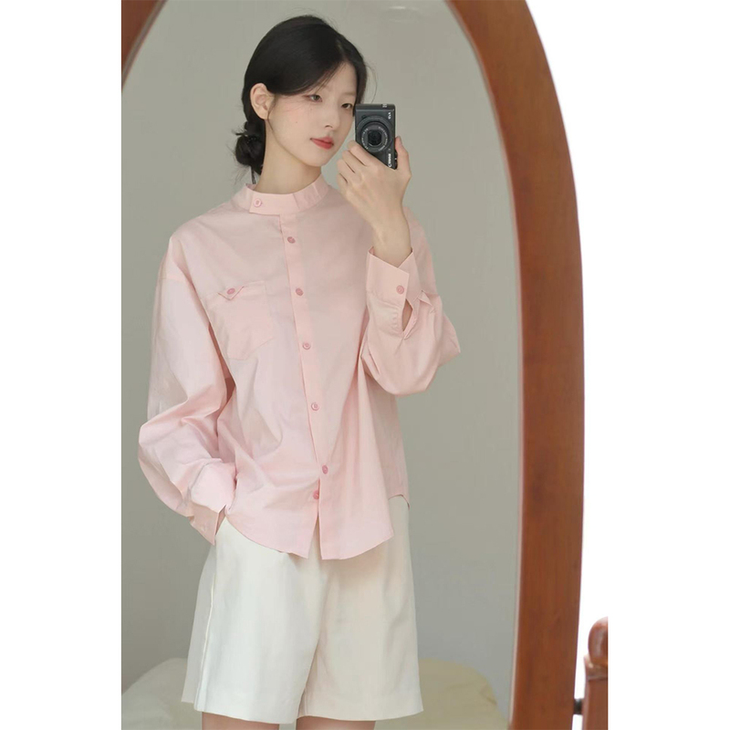 Pink Shirt for Women, 2026 Autumn New Korean Style, Loose Casual Versatile Long-Sleeve Shirt with a Unique Design