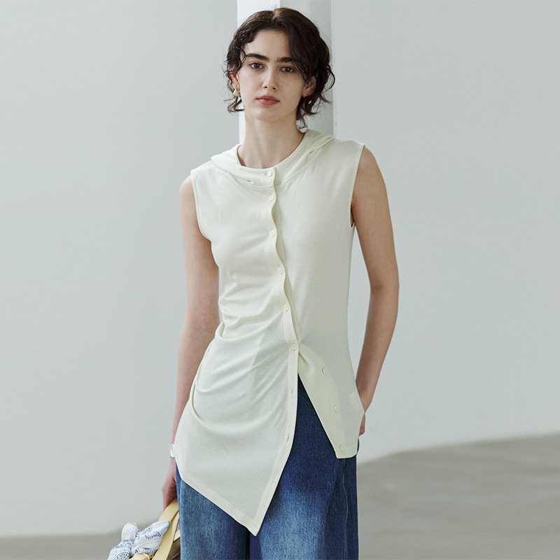 Non Restrain Lyocell Tencel Slim Fit Hooded Vest for Women with Irregular Slanted Placket Sleeveless Knitted Hoodie Non Restrain Lyocell Tencel Slim Fit Hooded Vest for Women with Irregular Slanted Placket Sleeveless Knitted Hoodie