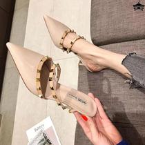 2024 new Korean version High heel shoe rivet Baotou sandals sexy thin heel half slipper pointed fitting shoes female summer