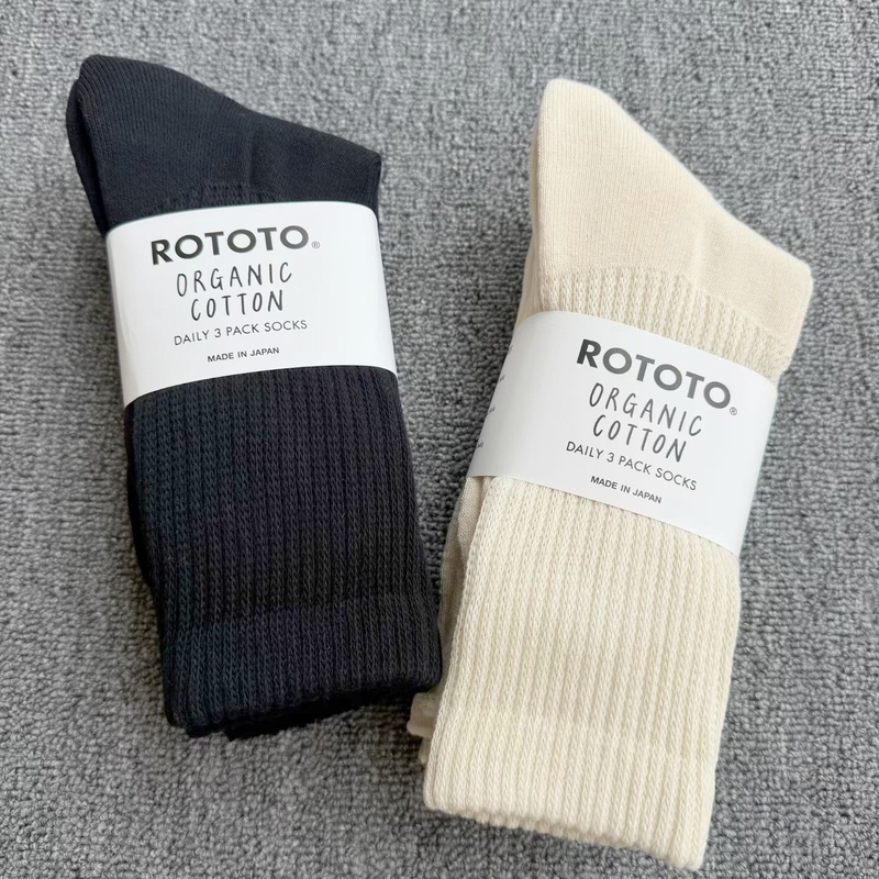 Japanese Rototo Socks for Men and Women, Black and White Organic Cotton Socks, Mid-High Tube, Towel Bottom, Sports Socks, Double-Needle Retro Socks