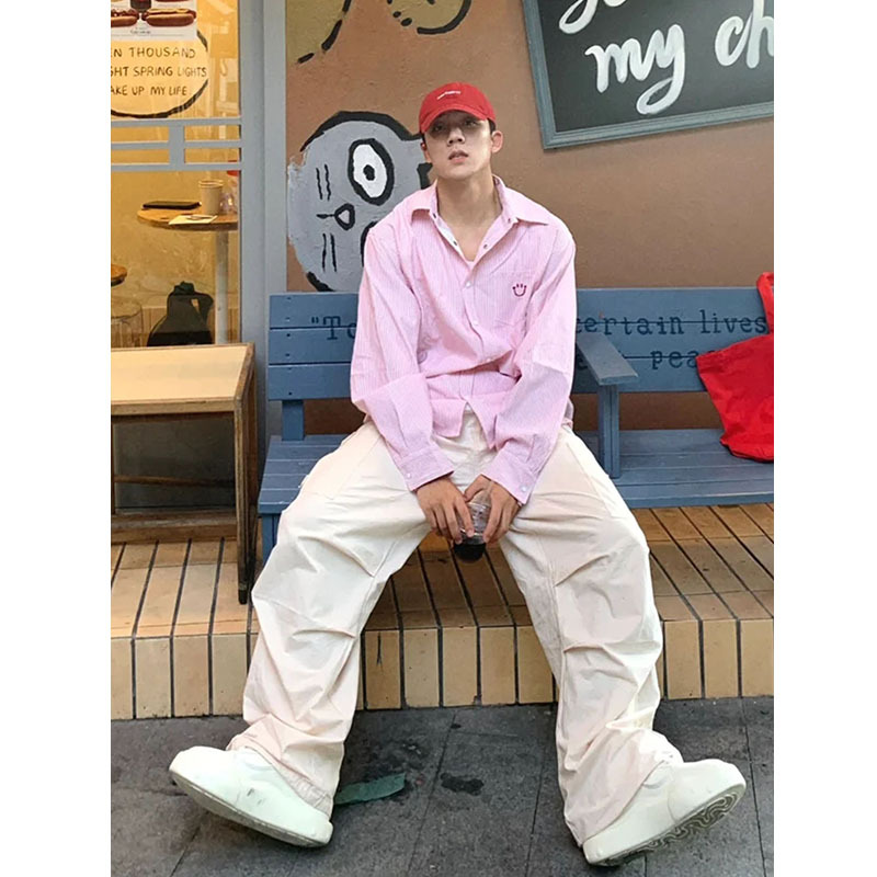 Dopamine Smiley Face Striped Shirt for Men and Women 2025 Spring Loose Embroidered Couple Shirt Lapel Long-Sleeve Jacket Trendy