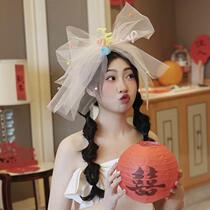 Personalized and playful diy fluffy veil bride receiving certificate registration dopamine Halloween amusement park photo taking little man