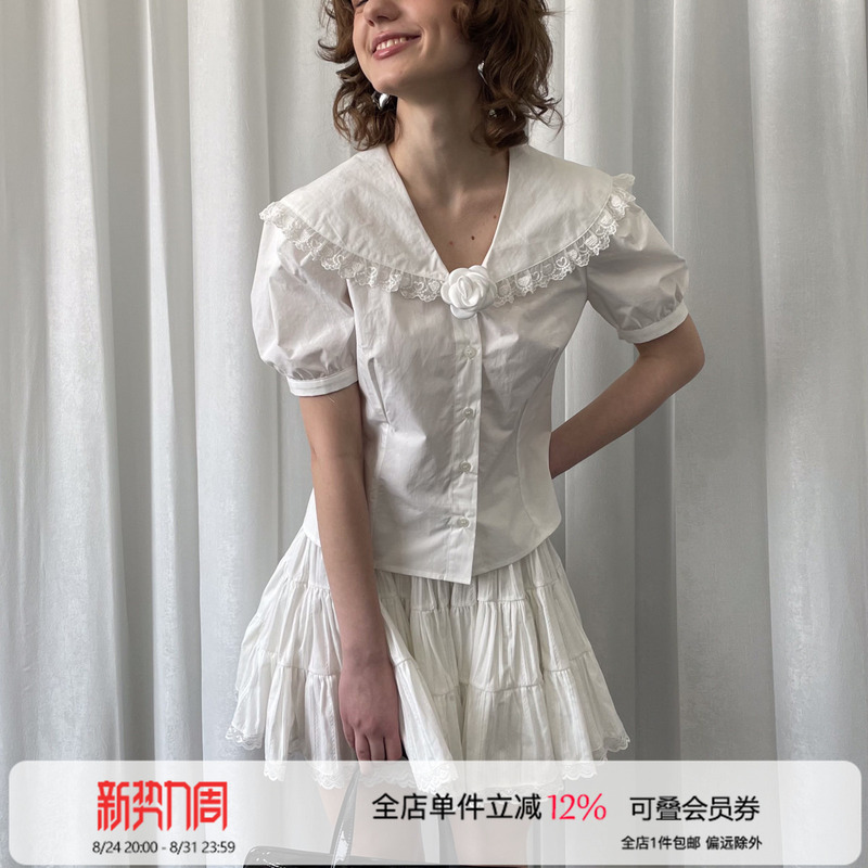 Loosesmell Camellia Three-Dimensional Decorative Lace Patchwork White Short-Sleeve Shirt Top