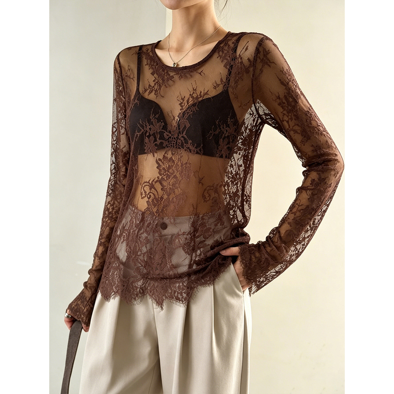 Coffee-Colored Round-Neck Long-Sleeved T-Shirt for Women, Summer 2026 New Style, Hollow Lace Blouse, Inner Layering Top, Outer Wear Coffee-Colored Round-Neck Long-Sleeved T-Shirt for Women, Summer 2026 New Style, Hollow Lace Blouse, Inner Layering Top, Outer Wear