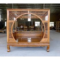 Old elm Chinese style single and double moon-hole canopy bed Ming and Qing imitation classical bed solid wood carved red rose pear step bed