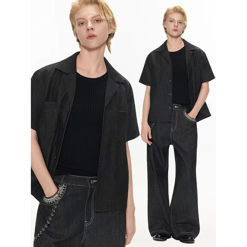 Mob in Costume11Oz Tube-Dyed Solid Color Raw Cotton Cuban Collar Short-Sleeve Shirt, Loose and Relaxed Top