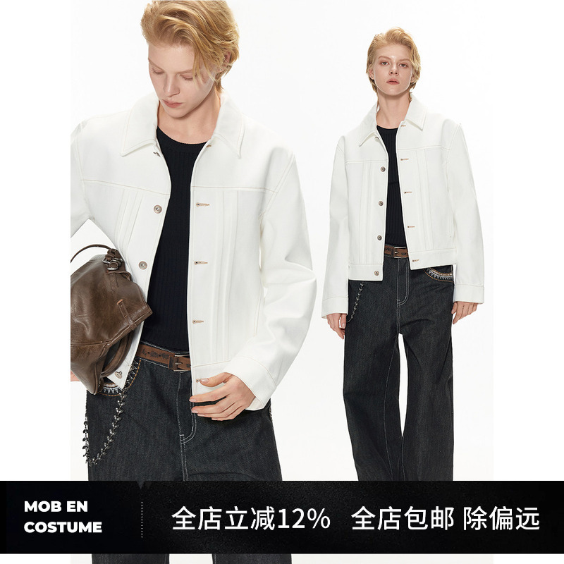 Mob En Costume/Cotton Topstitched Lapel Straight Shoulder White Denim Jacket Long Sleeve Unisex Mob En Costume/Cotton Topstitched Lapel Straight Shoulder White Denim Jacket Long Sleeve Unisex