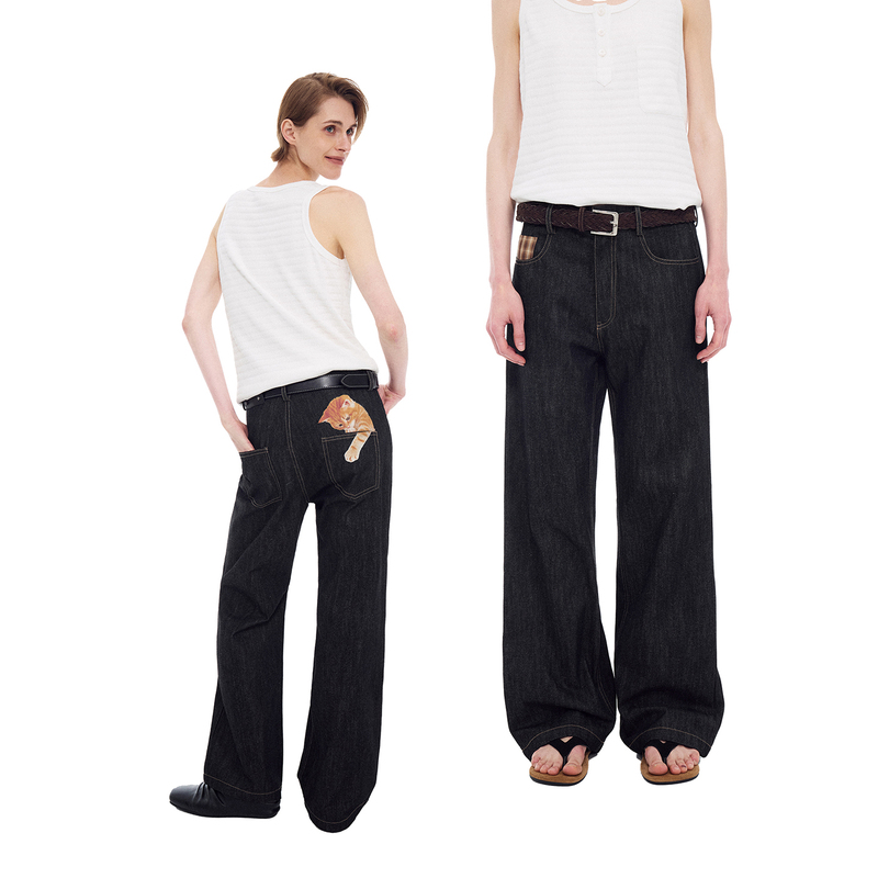 Mob En Costume/ Cat Print Wide-Leg Jeans High-Waisted Casual Pants Long Pants Cartoon Unisex Summer
