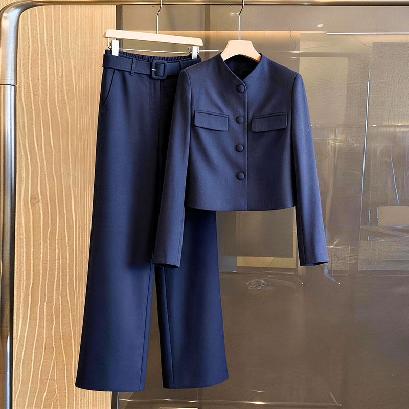 2026 Autumn Cardigan Short Jacket Wide-Leg Pants Set in Dark Blue Wool Blend with a Light Chinese Style Two-Piece Set