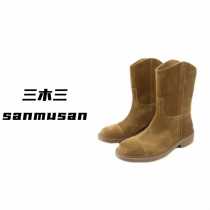 2024 Autumn and Winter New Modern British Retro Womens Genuine Leather Mid-calf Curved Boots Martin Boots Short Boots