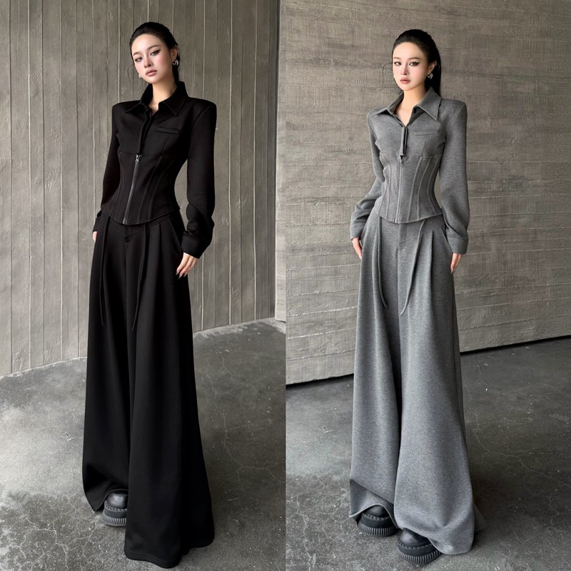 Blackgirl【Beautiful Waistline 2】Autumn and Winter Fishbone Waist-Cinching Top and Wide-Leg Pants Set, Slimming and Stylish New Style