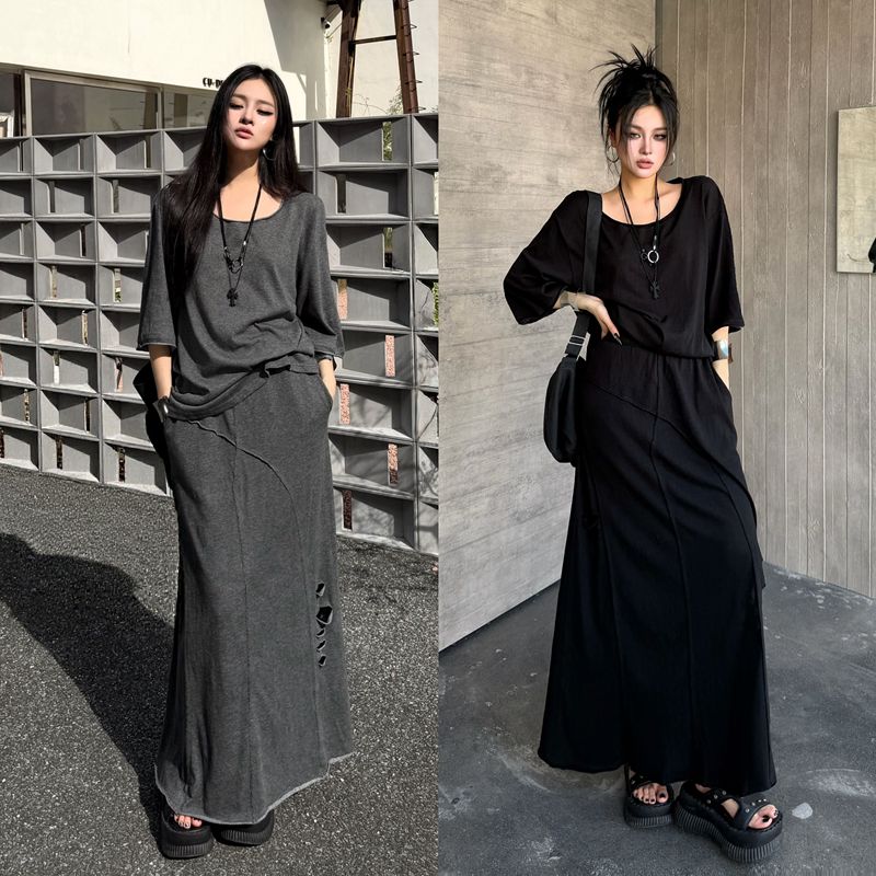 Blackgirl【Soulmate】Summer Casual T-Shirt and Skirt Set, Lazy and Relaxed Style, Hollow-Out Long Skirt Blackgirl【Soulmate】Summer Casual T-Shirt and Skirt Set, Lazy and Relaxed Style, Hollow-Out Long Skirt