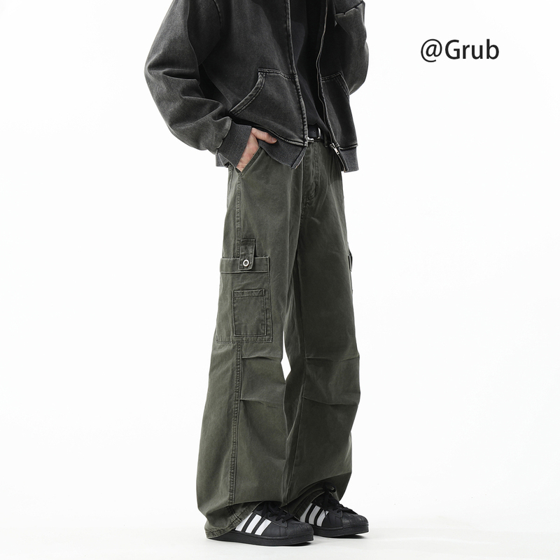 Military Green Pleated Paratrooper Pants for Men, Spring American High Street Washed Cargo Pants, Vintage Loose Lumberjack Casual Pants