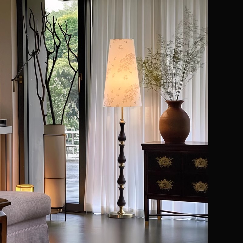 Nanyang Style French Solid Wood Living Room Floor Lamp Wabi-Sabi Style Medieval Bedroom Zen Retro Fabric Atmosphere Lighting
