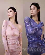 Ms. Yueer practice dance dress double skin color lining exclusive butterfly printing with delicate net jacket