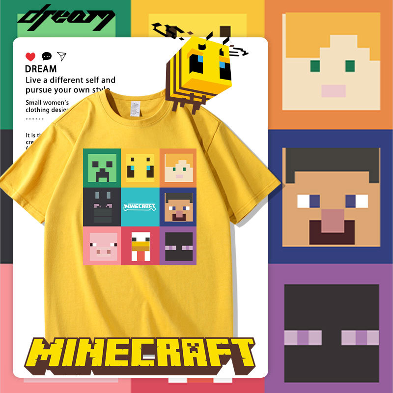 Minecraft Co-Branded Children's Short-Sleeved T-Shirt for Boys, Summer Boys' Clothing, Adult Pure Cotton Top, Trendy